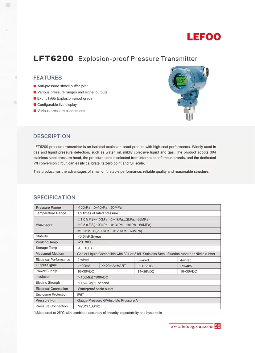 Взрыв-доказательство передатчик давления LEFOO LFT6200
